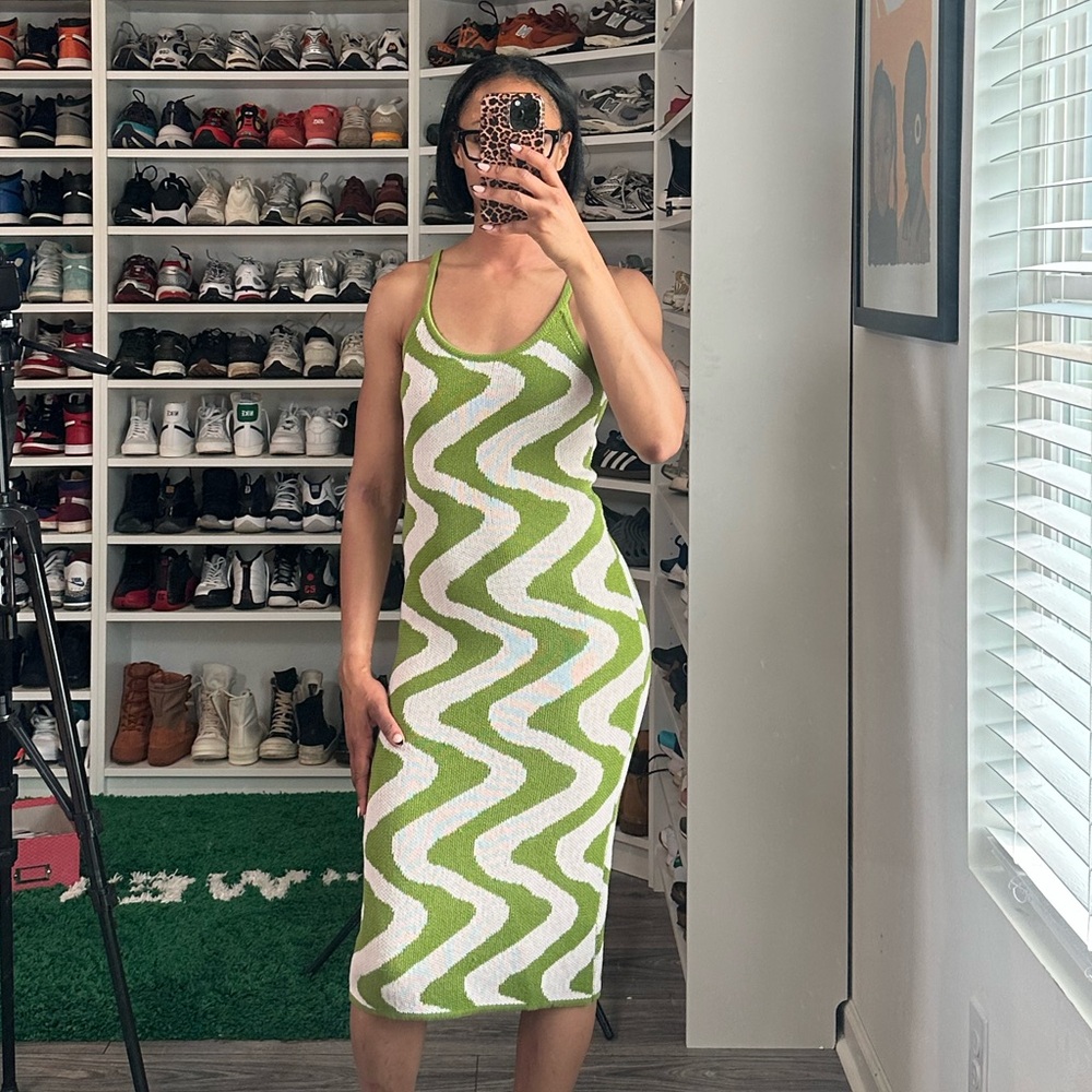 SHEIN Green and Cream Knit Dress